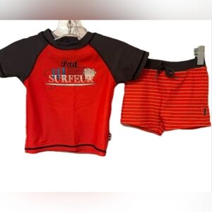Red and Black Rashguard Swim Set with Raglan Sleeves
